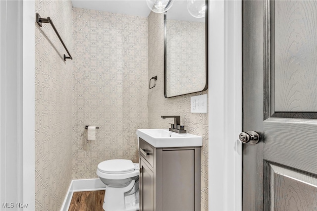 bathroom featuring toilet, vanity, and hardwood / wood-style flooring