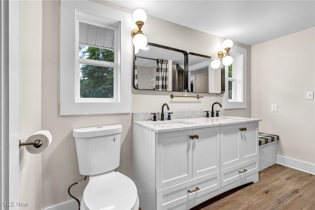 bathroom with hardwood / wood-style floors, vanity, and toilet