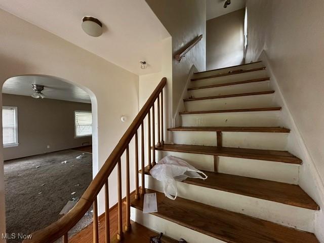 staircase featuring ceiling fan