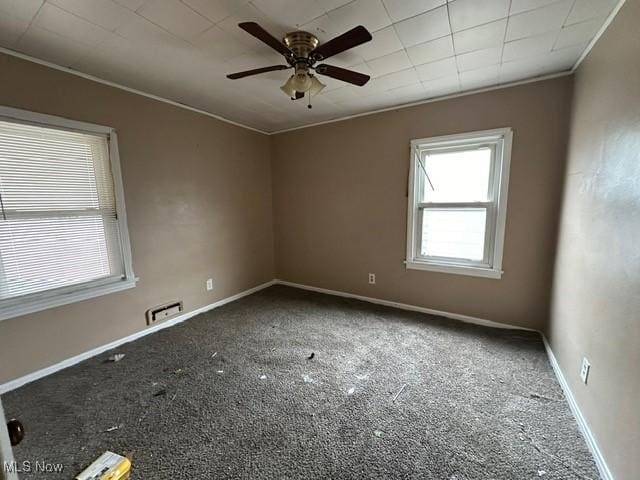 spare room with carpet floors, ceiling fan, and ornamental molding