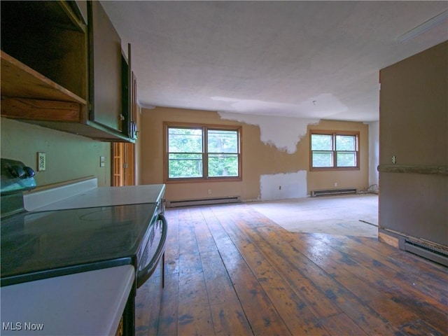 kitchen with baseboard heating, dark hardwood / wood-style flooring, and white electric range