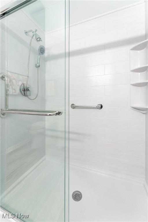 bathroom with a shower with shower door