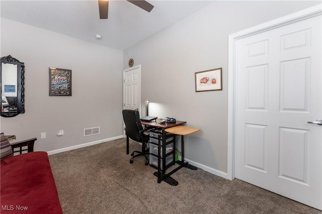 carpeted home office with ceiling fan