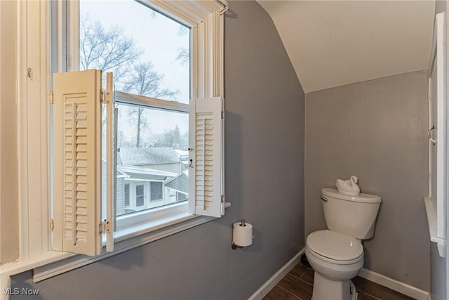 bathroom featuring toilet, vaulted ceiling, and a healthy amount of sunlight