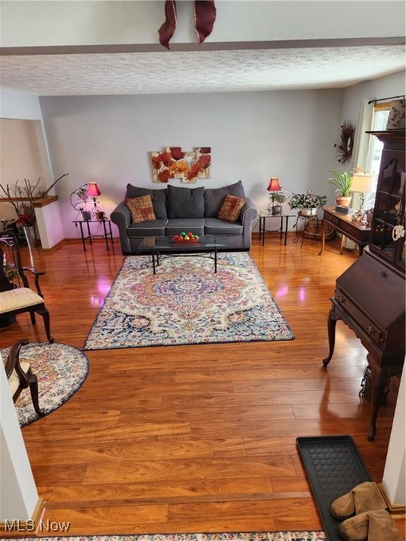 living room with hardwood / wood-style floors and a textured ceiling