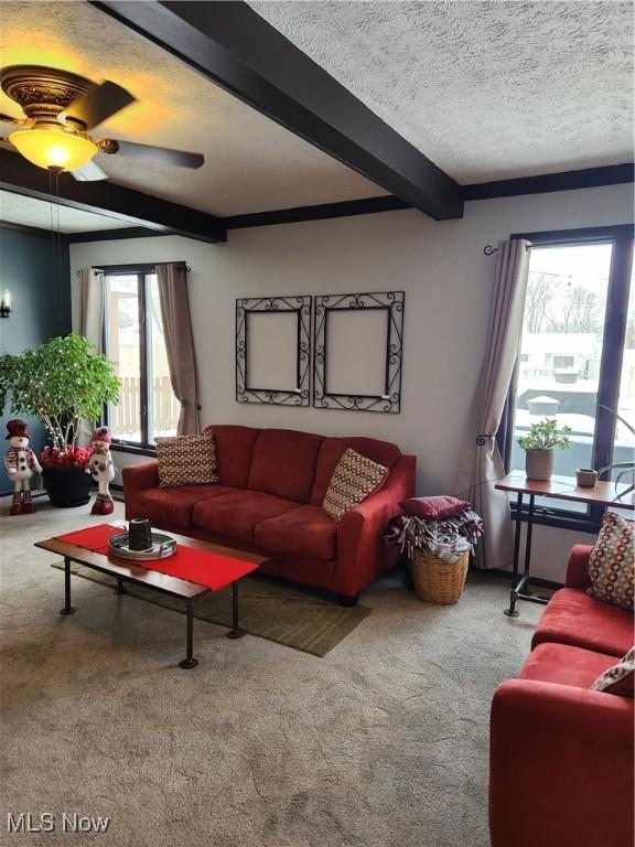 carpeted living room featuring beamed ceiling, ceiling fan, and a textured ceiling