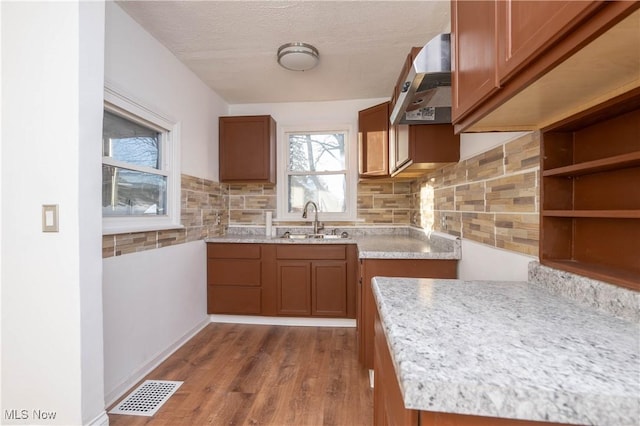 kitchen with wood-type flooring, tasteful backsplash, wall chimney exhaust hood, and sink