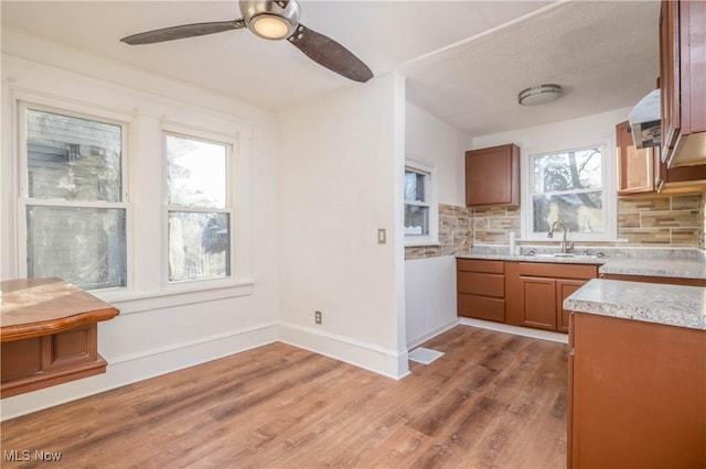 kitchen featuring ceiling fan, sink, wood-type flooring, and backsplash