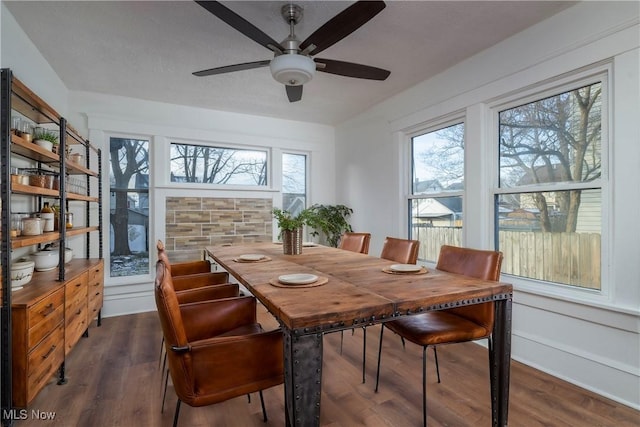 dining area featuring ceiling fan and dark hardwood / wood-style flooring