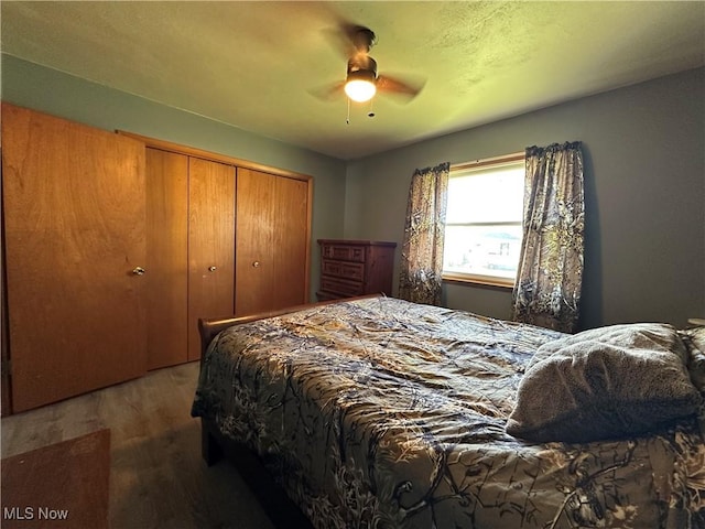 bedroom with wood-type flooring, ceiling fan, and a closet