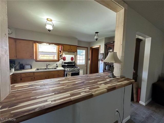 kitchen with sink, wood counters, and stainless steel gas stove