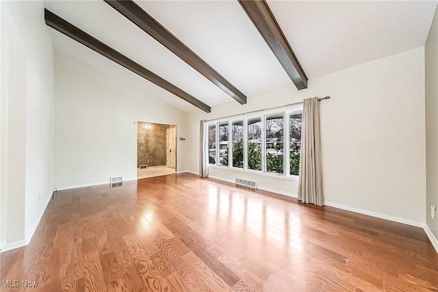 unfurnished living room featuring beamed ceiling, wood finished floors, visible vents, and baseboards