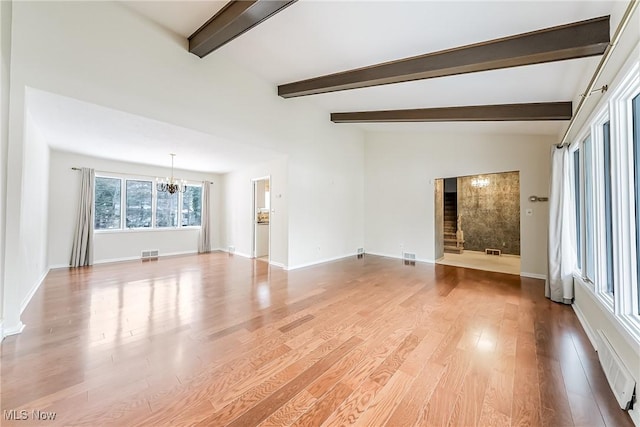 unfurnished living room featuring visible vents, lofted ceiling with beams, light wood-type flooring, and an inviting chandelier