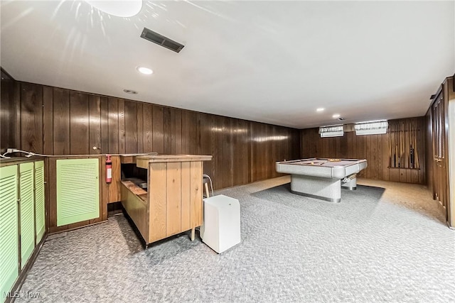 rec room with visible vents, recessed lighting, wooden walls, pool table, and light colored carpet