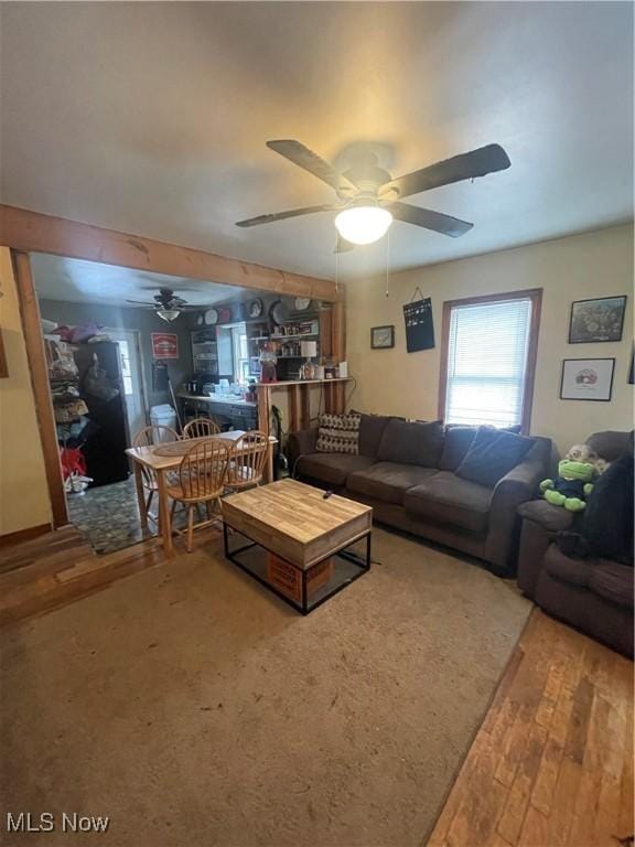 living room featuring ceiling fan and hardwood / wood-style floors