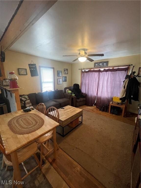 living room with hardwood / wood-style flooring and ceiling fan