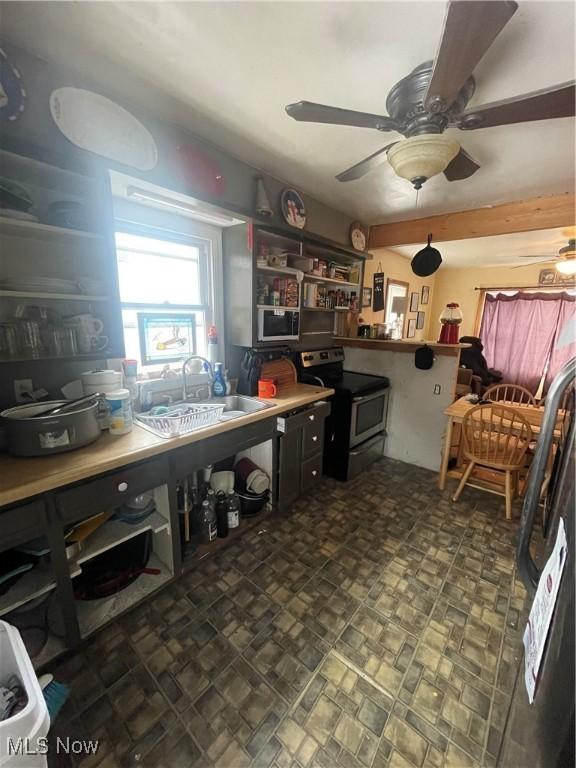 kitchen featuring ceiling fan, sink, and black range with electric cooktop