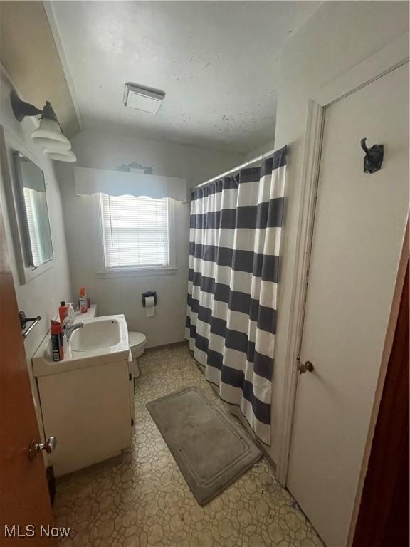 bathroom featuring vanity, a shower with shower curtain, and toilet