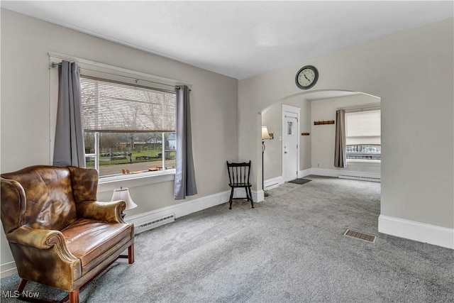 sitting room with carpet flooring, baseboard heating, and a wealth of natural light