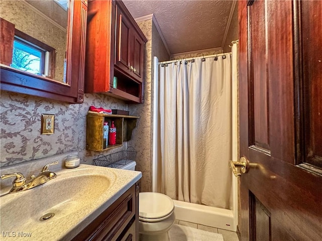 bathroom with tile patterned floors, walk in shower, vanity, a textured ceiling, and toilet