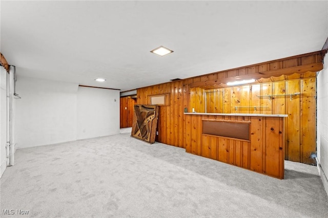 basement featuring light colored carpet and wood walls