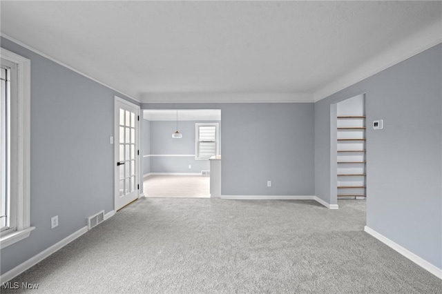 spare room with crown molding and carpet floors