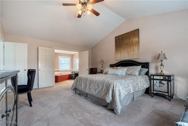 bedroom with ceiling fan, light carpet, and vaulted ceiling