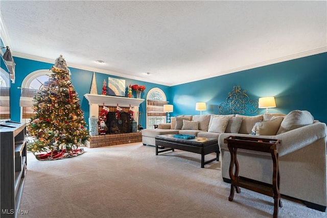 carpeted living room featuring a textured ceiling, a brick fireplace, plenty of natural light, and crown molding