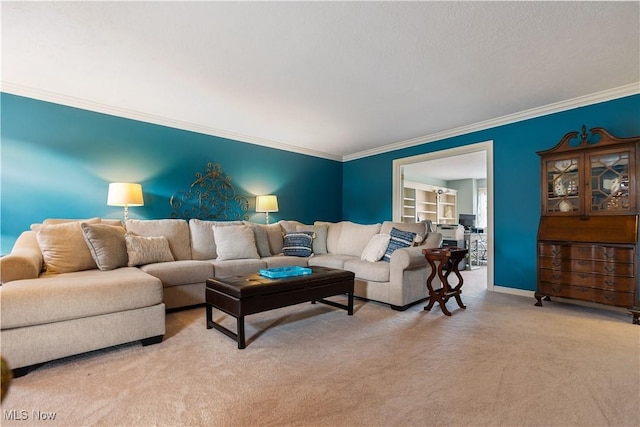 living room with crown molding and light colored carpet