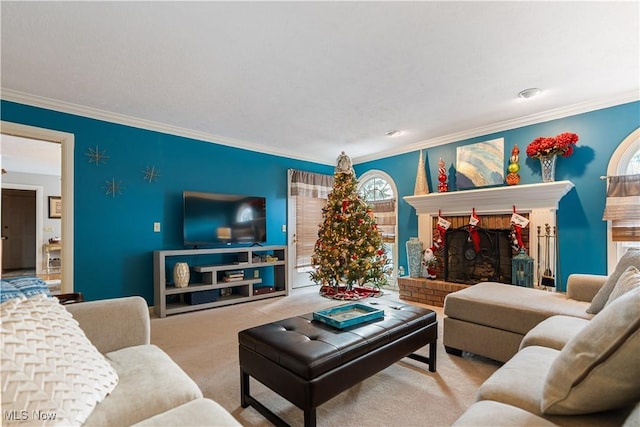 carpeted living room featuring crown molding and a brick fireplace