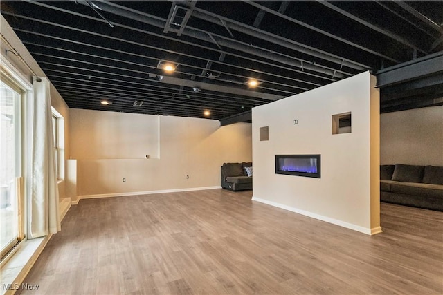 basement with hardwood / wood-style floors