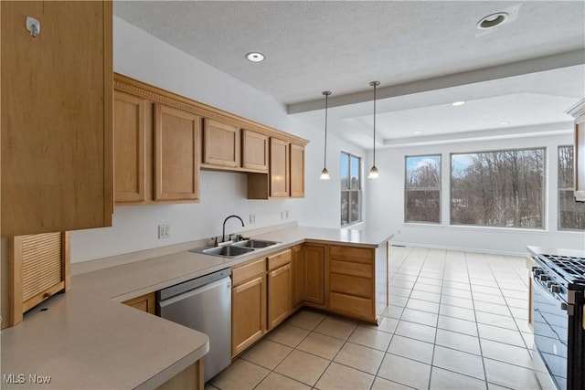 kitchen with sink, hanging light fixtures, stainless steel appliances, kitchen peninsula, and light tile patterned floors