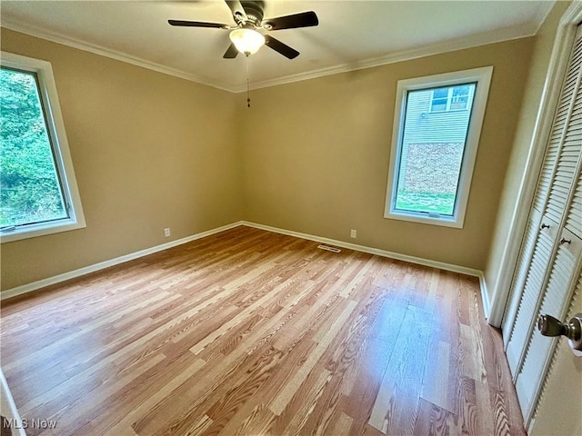 interior space featuring light wood-type flooring, a wealth of natural light, crown molding, and ceiling fan