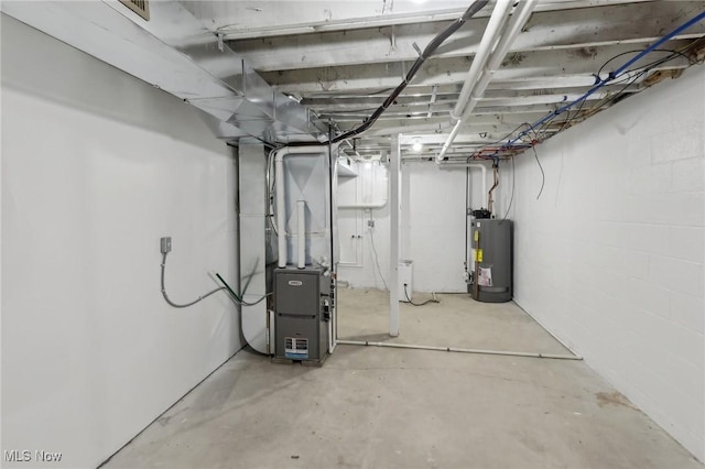 basement with heating unit and water heater