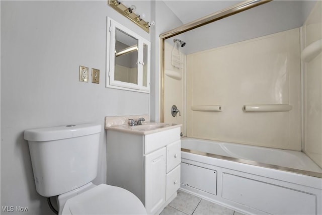 full bathroom featuring shower / washtub combination, tile patterned flooring, vanity, and toilet