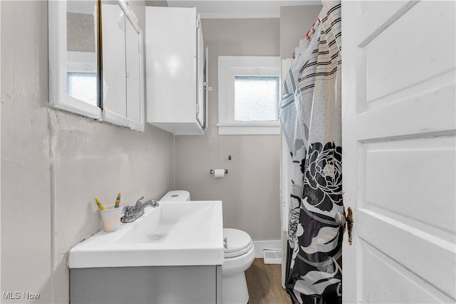 bathroom with toilet, wood-type flooring, and sink