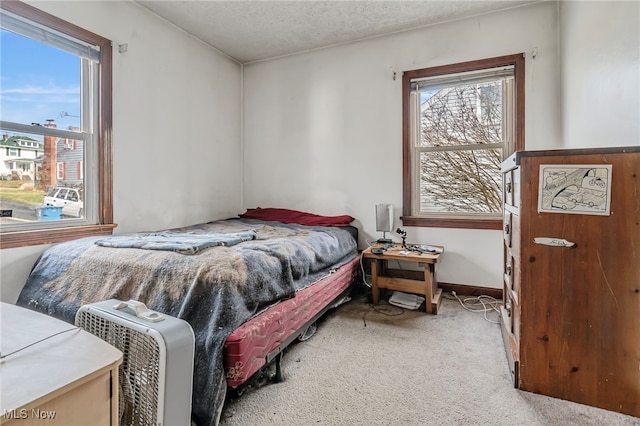 bedroom featuring carpet and a textured ceiling