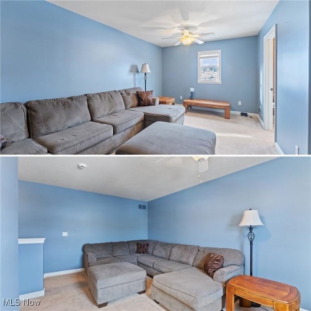 living room with ceiling fan and light colored carpet