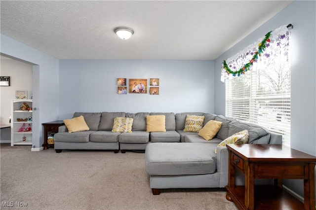 carpeted living room with a textured ceiling