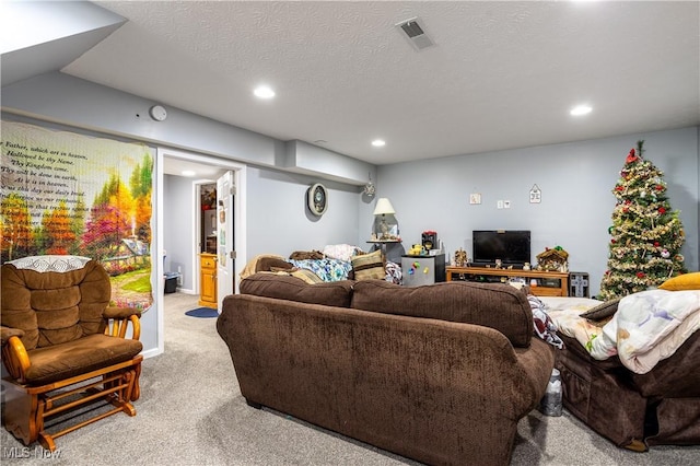 carpeted living room with a textured ceiling