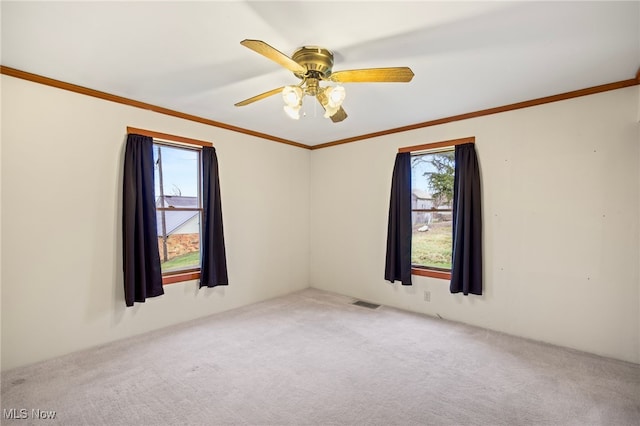 spare room with ceiling fan, carpet floors, and ornamental molding