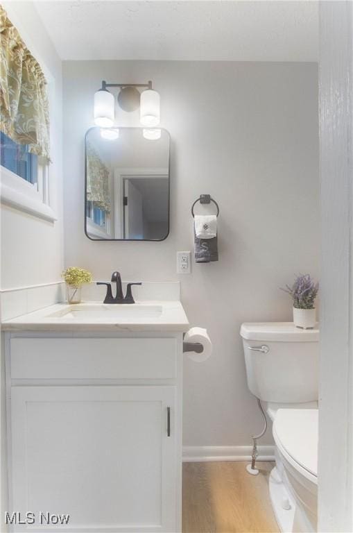 bathroom with vanity, wood-type flooring, and toilet