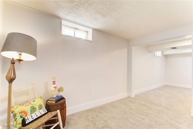 basement with a textured ceiling and carpet floors