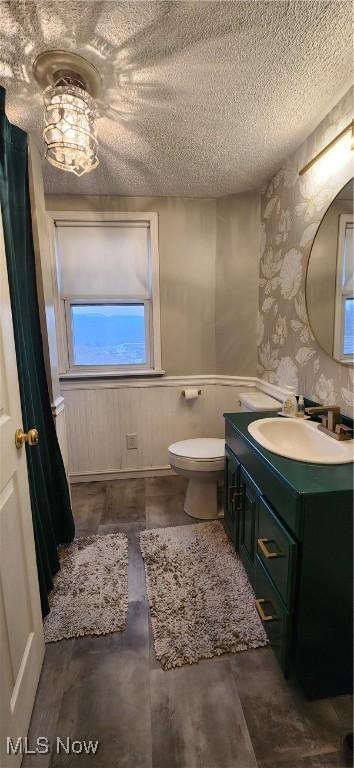 bathroom featuring vanity, a textured ceiling, and toilet