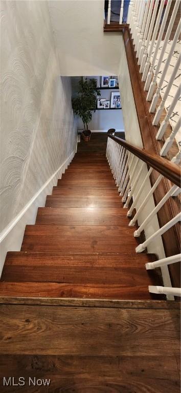 stairway with hardwood / wood-style flooring