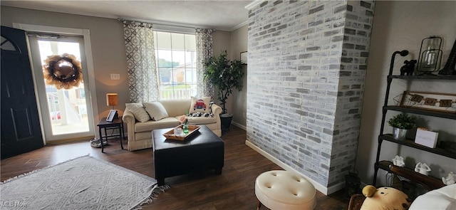 living room featuring dark hardwood / wood-style flooring, plenty of natural light, and crown molding