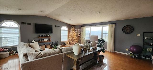 living room with hardwood / wood-style flooring, a textured ceiling, and vaulted ceiling