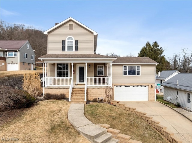 traditional home featuring covered porch, a garage, concrete driveway, roof with shingles, and a front yard