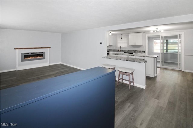 living room featuring dark wood-type flooring and sink