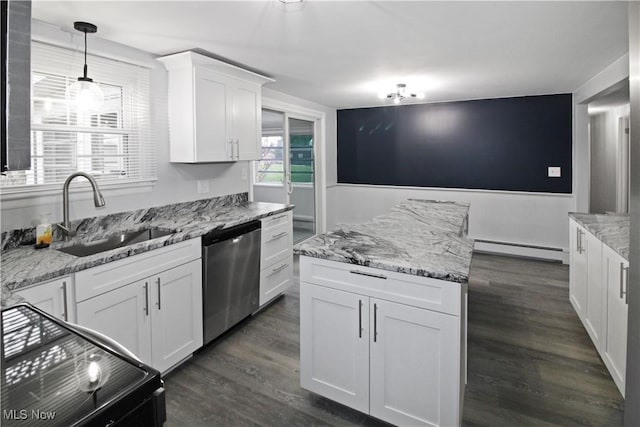 kitchen with sink, decorative light fixtures, a baseboard radiator, dishwasher, and white cabinetry